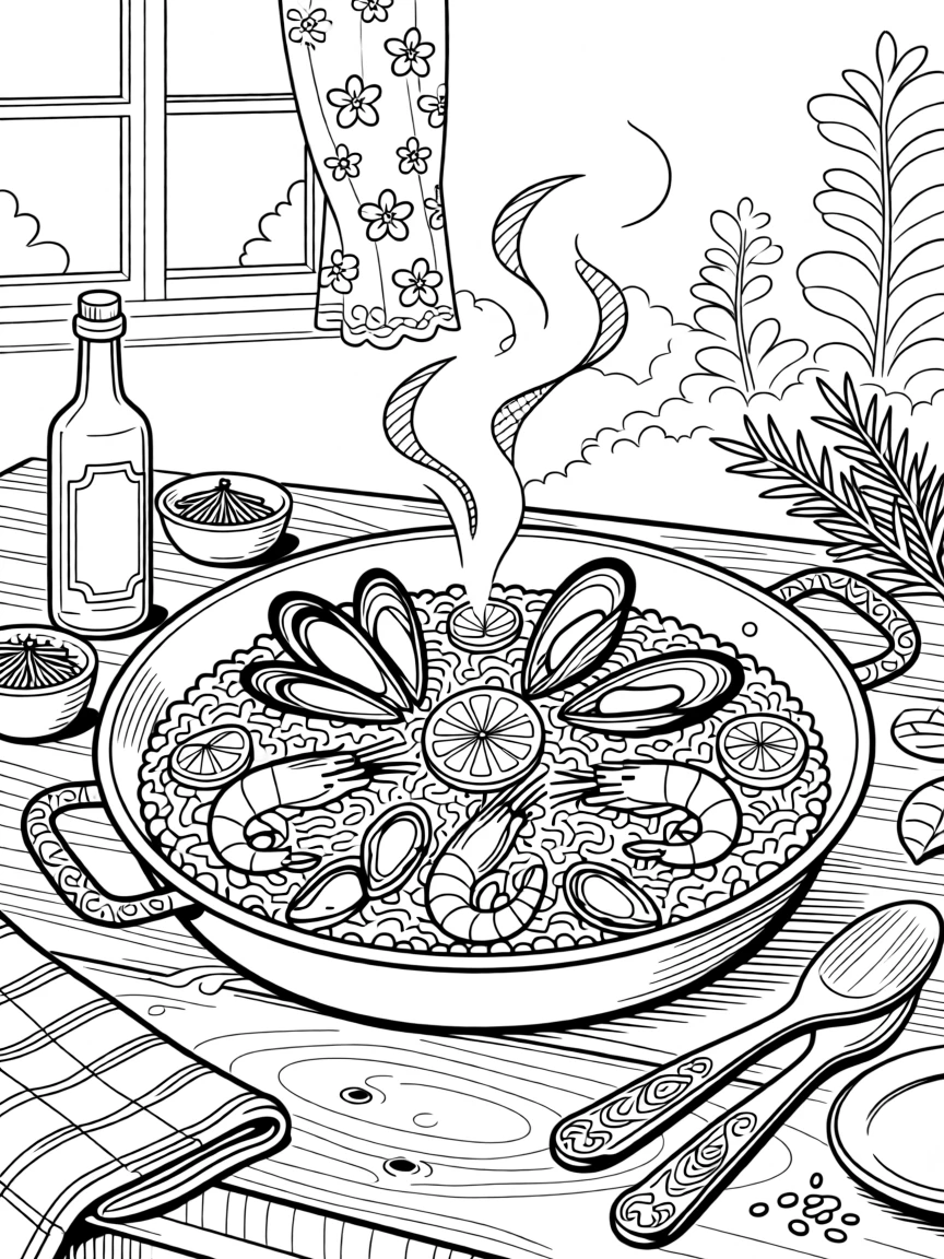 A cozy paella pan scene simmering with seafood and saffron rice.