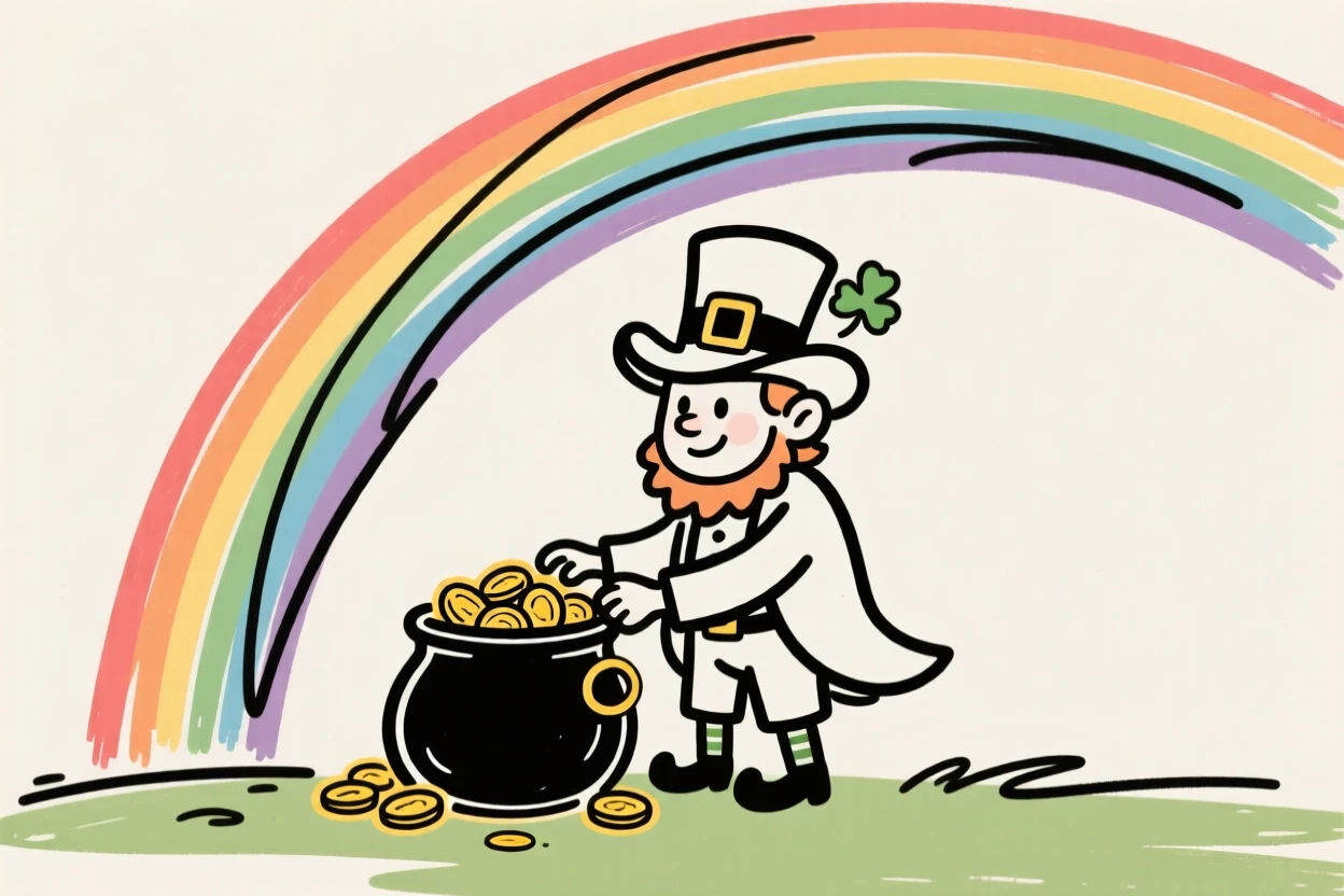 A leprechaun guarding a pot of gold at the end of a rainbow.