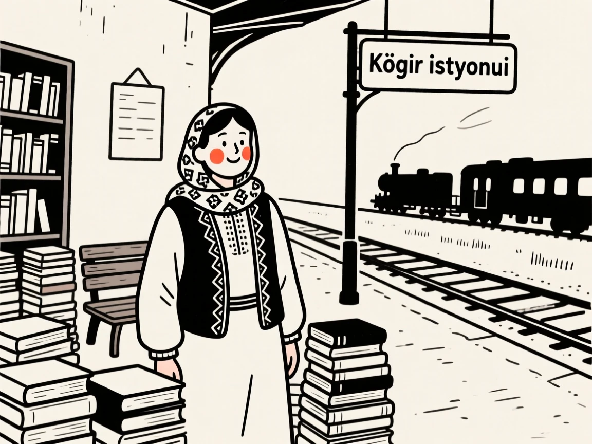 A librarian of turkish heritage surrounded by books, glowing with nostalgia, at a rural train station.