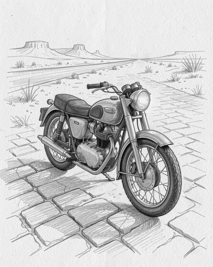 A striking scene of a vintage motorcycle parked on a cobblestone street on a dusty desert highway, with warm evening light glowing across its surface.