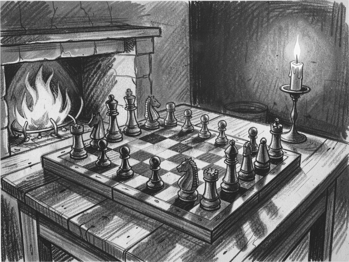 A chess board mid-game beside a crackling fire, as soft candlelight flickers nearby.