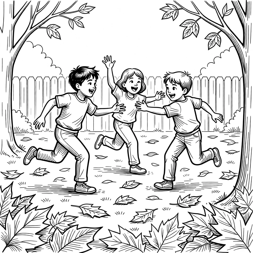 Children playing tag in a backyard filled with autumn leaves.
