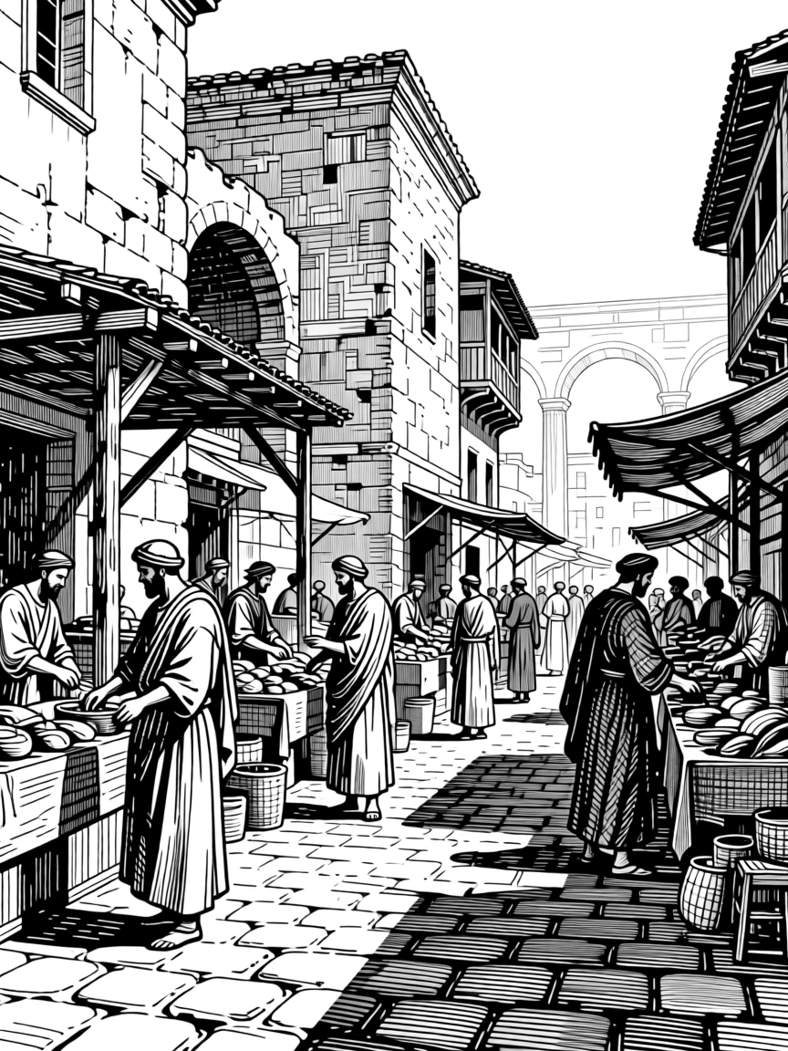 An ancient roman marketplace bustling with traders surrounded by ancient stone architecture, with the rich texture of aged stone and wood, portrayed in a quietly majestic historical scene.