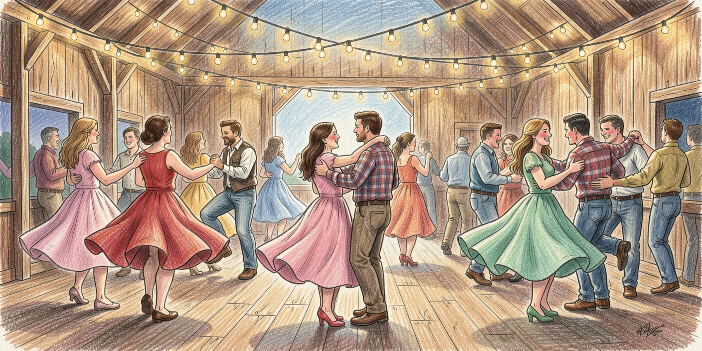 A rustic barn dance with couples twirling beneath string lights, with rich, inviting textures throughout the scene, designed to feel inviting, memorable, and shareable.