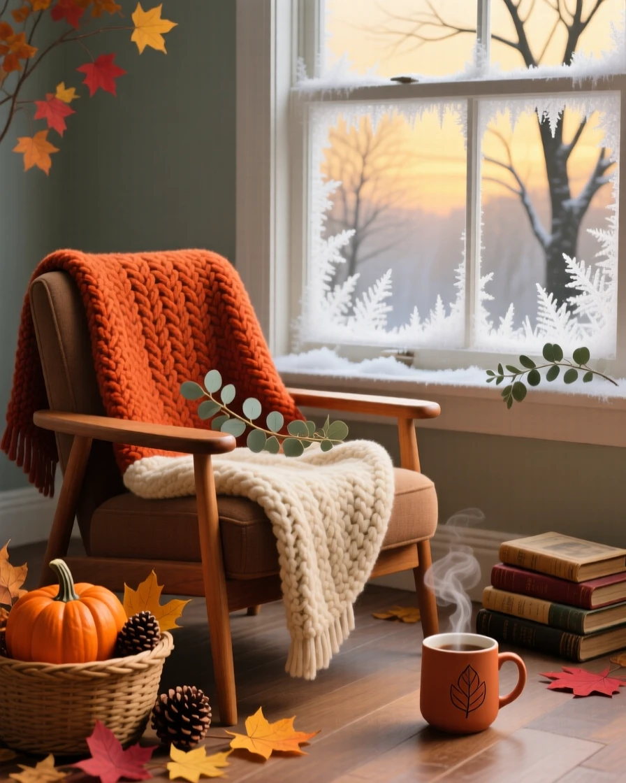 A cozy knit blanket draped over a chair by a frosty window, surrounded by the colors typical of the season, arranged with seasonal colors creating a cohesive mood, with charming small details that evoke the season perfectly.