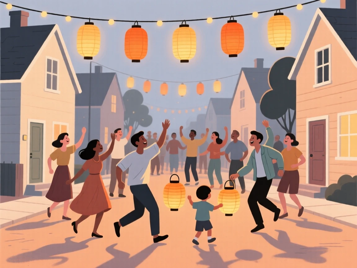 A lantern celebration with dancing crowds filling a cozy neighborhood.
