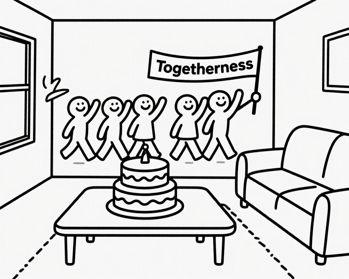 A joyful street parade taking place in a cozy living room, decorated with a tiered celebration cake, full of warm togetherness.