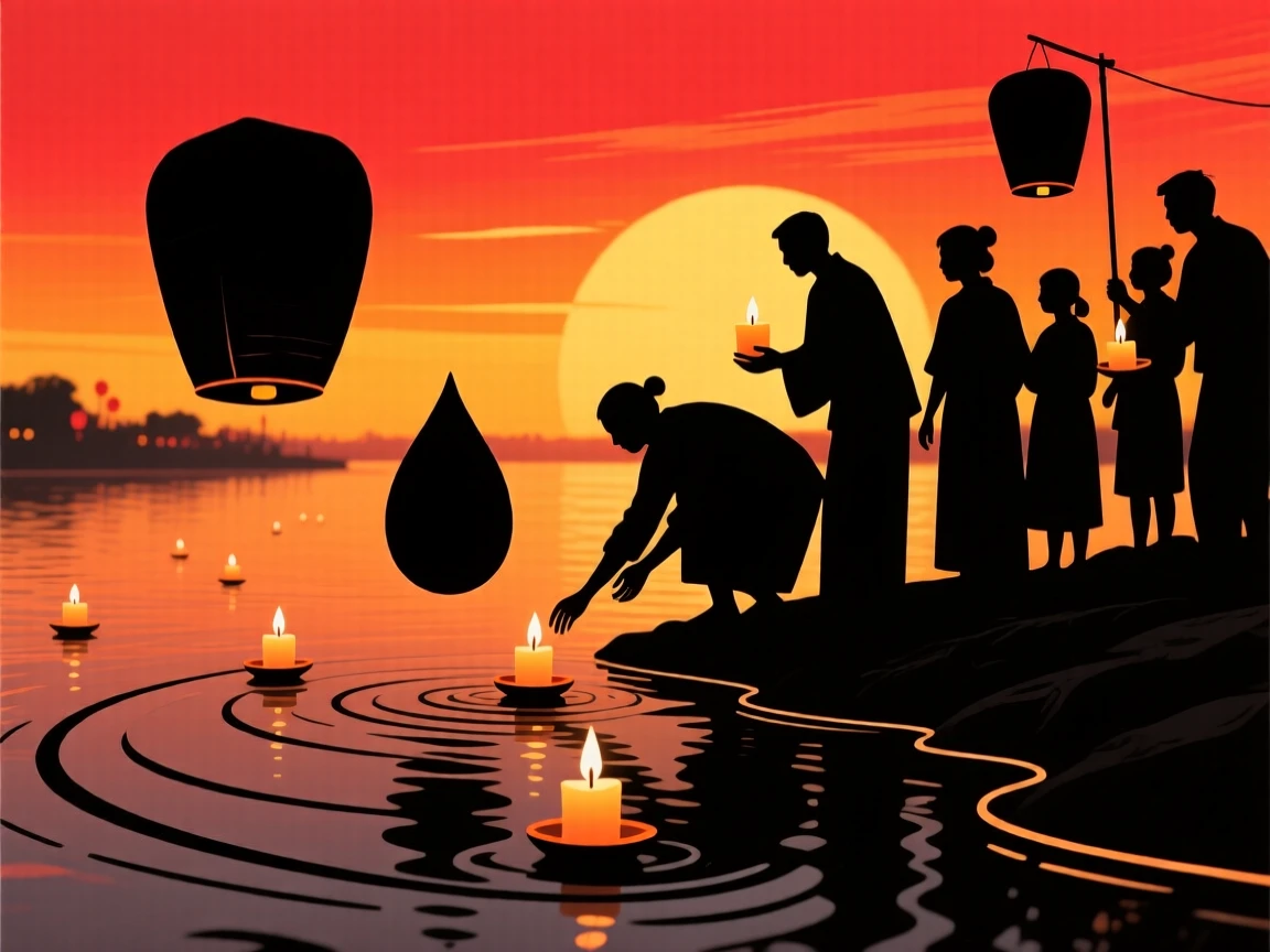 A traditional lantern festival lighting up a river with floating candles.