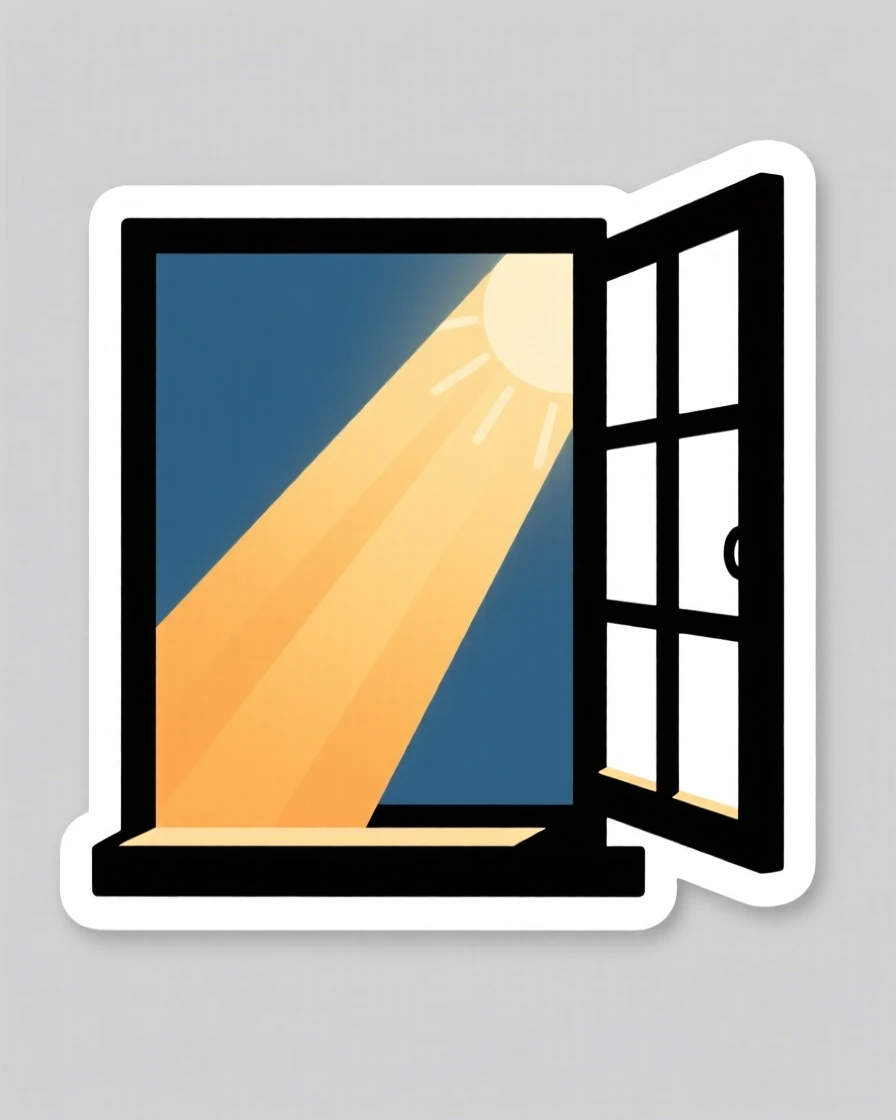 A deeply peaceful scene of a open window letting in a beam of warm sunlight, bathed in warm golden light, representing a new beginning.