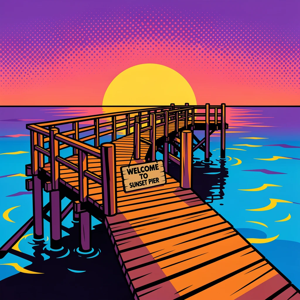 A pier stretching into calm clear water at sunset