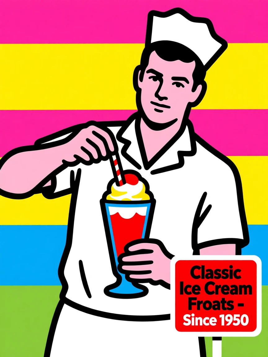 Classic soda jerk mixing an ice cream float