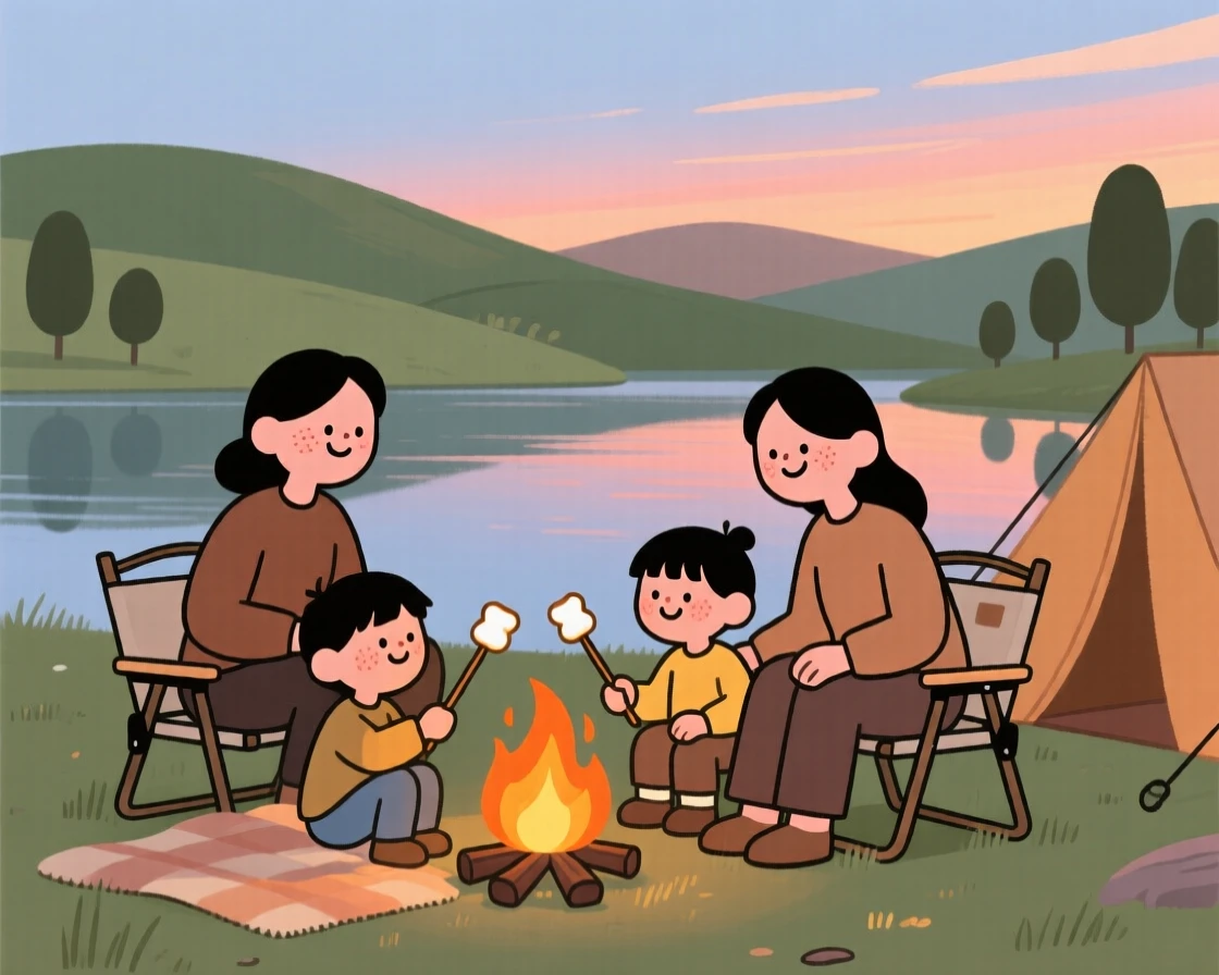 A family sets up camp beside a quiet lake as the evening glow fades behind the distant hills, roasting marshmallows around a small fire.