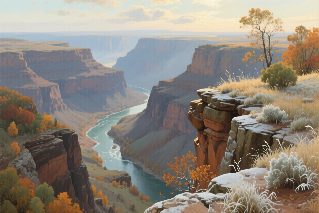 A sweeping aerial perspective of a dramatic canyon carved by centuries of flowing water, during the first frost of autumn, in a soft summer breeze.