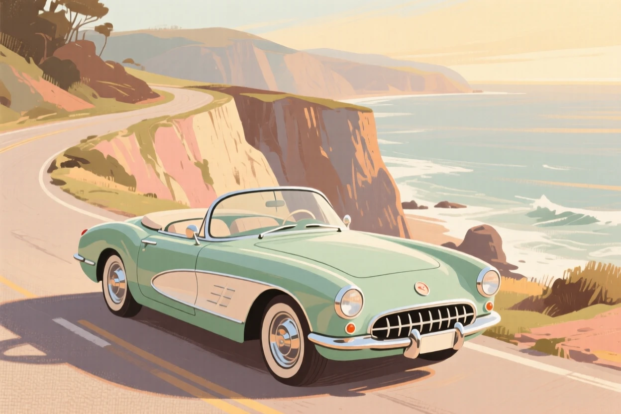 A classic convertible parked along a coastal cliffside road