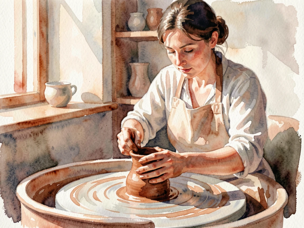 A woman practicing pottery on a spinning wheel.