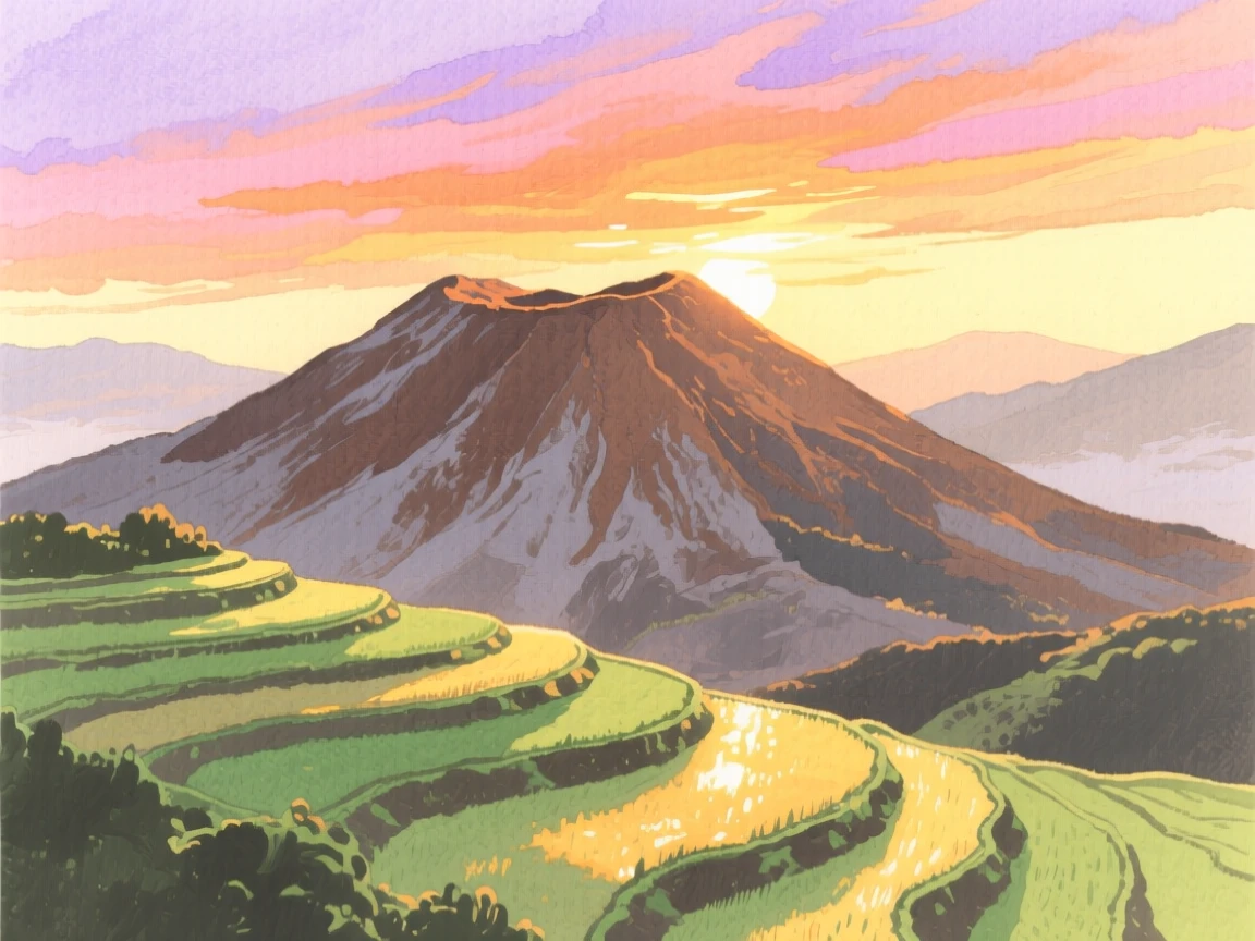 A breathtaking view of a volcanic ridge as the sun sets in brilliant colors, where terraced fields catch the light