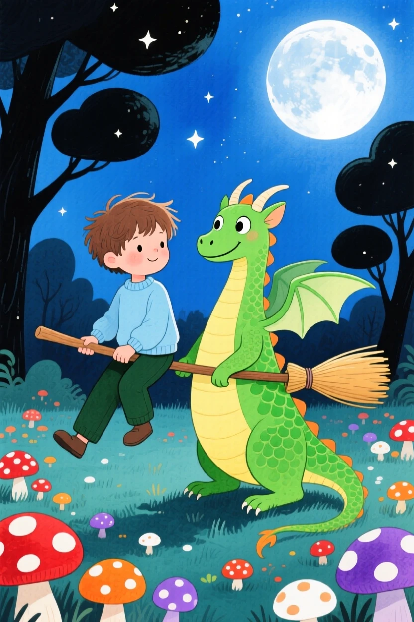 A boy riding a toy broomstick meeting a friendly green dragon in a moonlit clearing full of mushrooms.