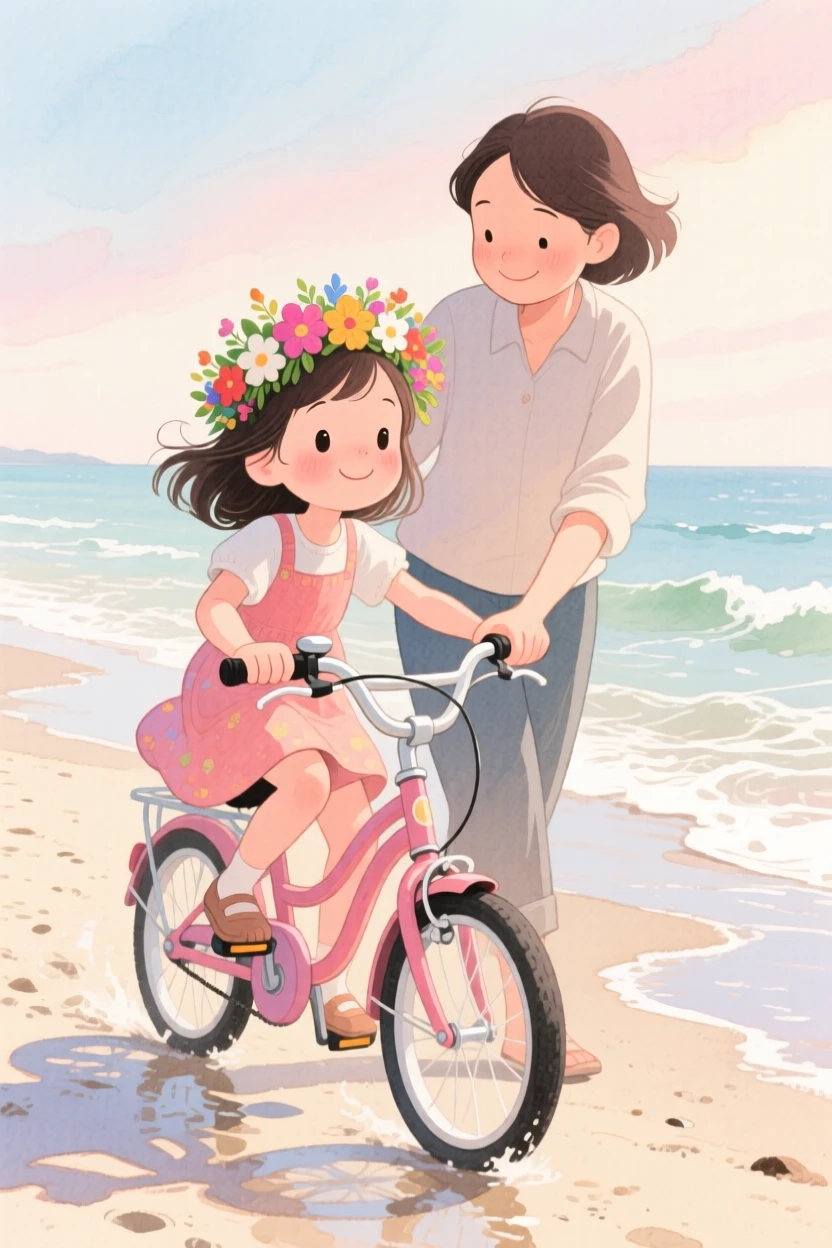 A girl with a flower crown learning to ride a bike with a parent's steady hand, in a beach at low tide with gentle waves, radiating sweetness and gentle curiosity.