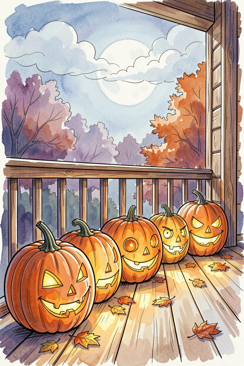 A row of jack-o-lanterns glowing along a porch railing on Halloween night, the mood cozy, joyful, and full of seasonal spirit.