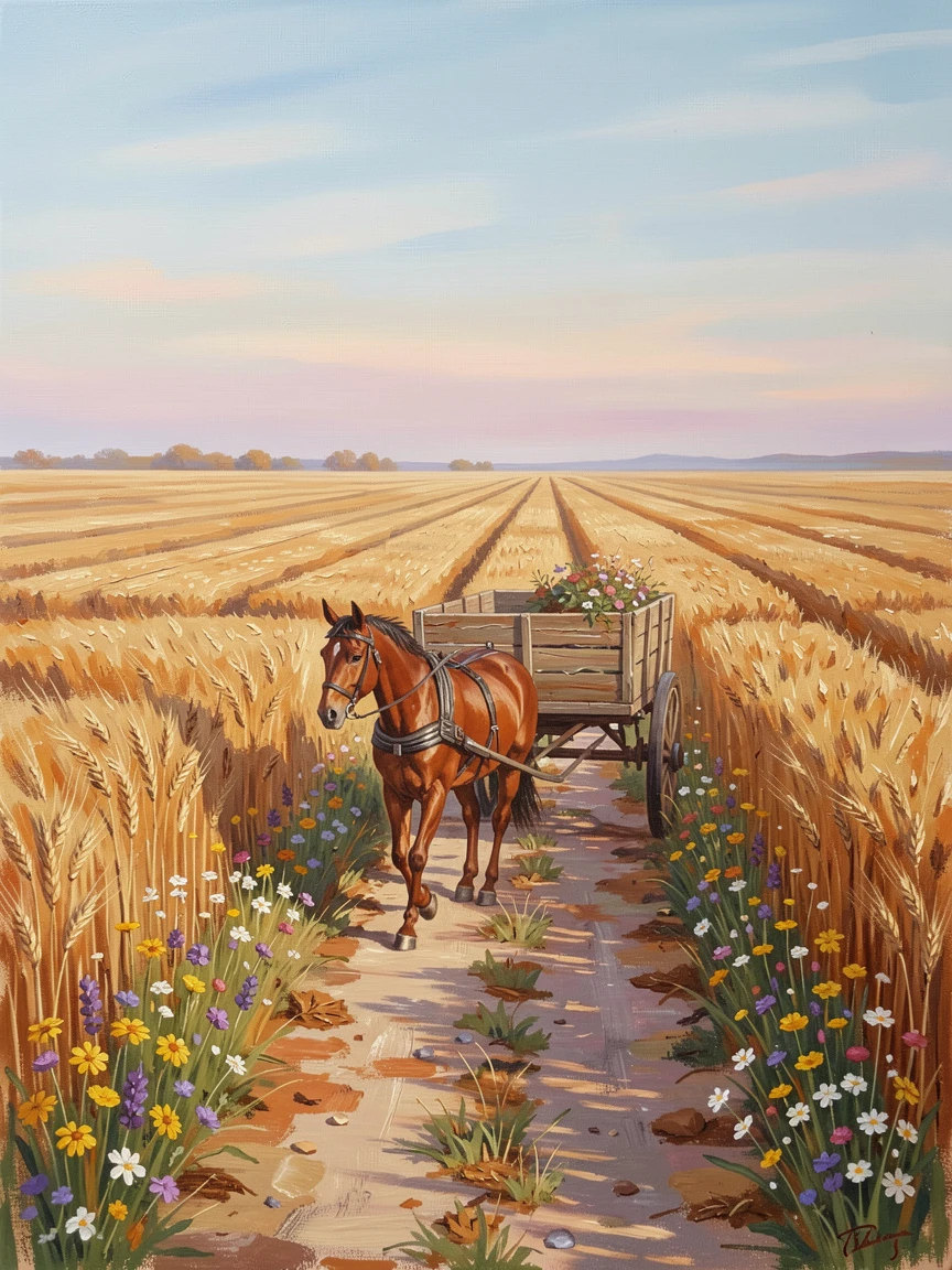 A patchwork of golden wheat fields, beside a narrow dirt lane lined with wildflowers, a horse-drawn cart trundling down the country lane, in late autumn, after the harvest, stubble fields stretching out.