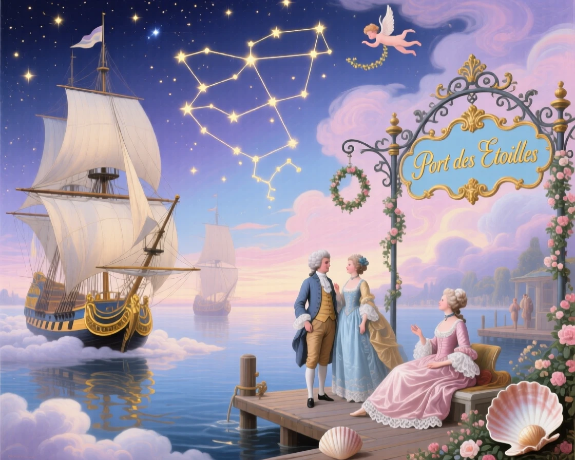 A celestial harbor where ships sail among constellations  