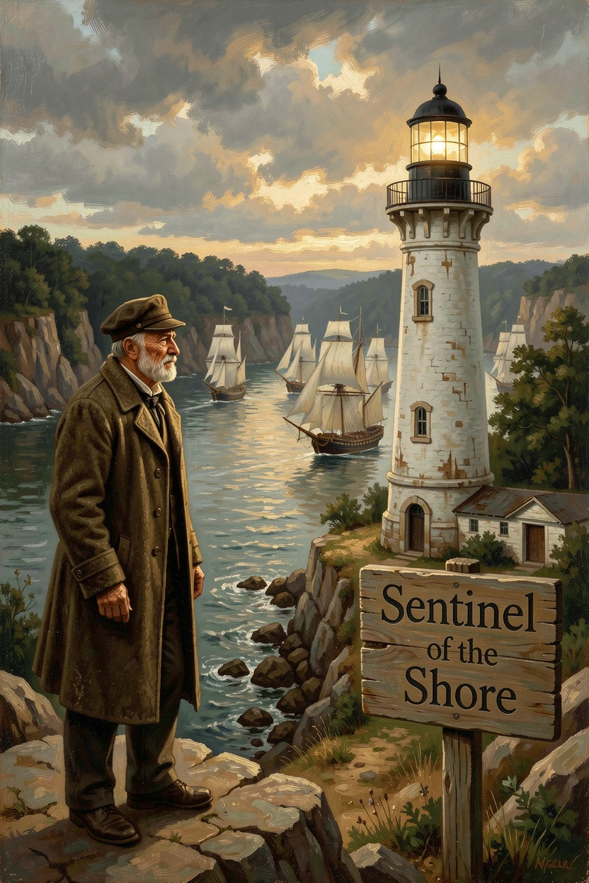 An old lighthouse keeper watches a quiet cove sheltered from the wind while the wind whips the sails.