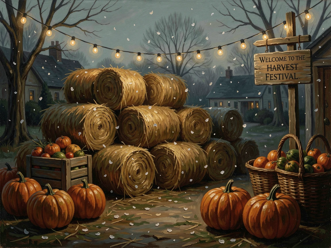 A harvest festival with hay bales, pumpkins, and glowing string lights, as soft snow or flower petals drift gently through the air, evoking cherished holiday memories and nostalgic feeling