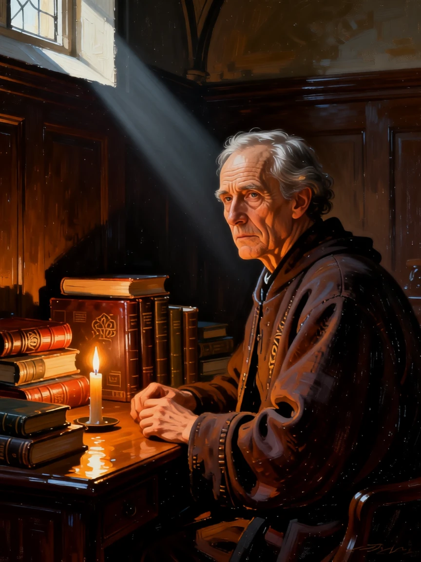 An elderly scholar surrounded by leather-bound books and candlelight pausing as if interrupted by an unseen presence, set in a candlelit chapel side room, with a single shaft of light illuminating an expressive face; a tight three-quarter portrait draws focus entirely to the expression, evoking tenderness, memory, and unspoken emotion.