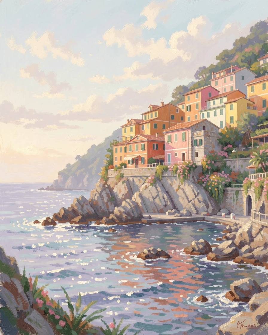 The colorful houses of Cinque Terre clinging to a cliffside above a sparkling Italian coastline, filled with a cozy, comforting atmosphere.