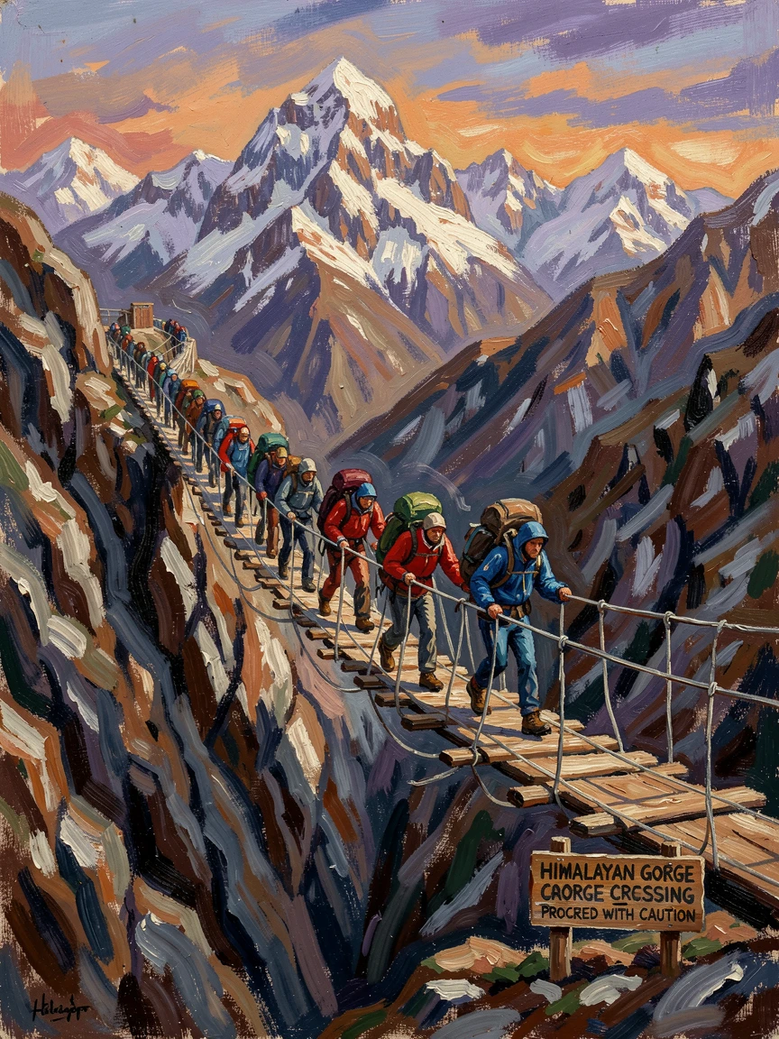 Trekkers crossing a swaying rope bridge above a deep Himalayan gorge.