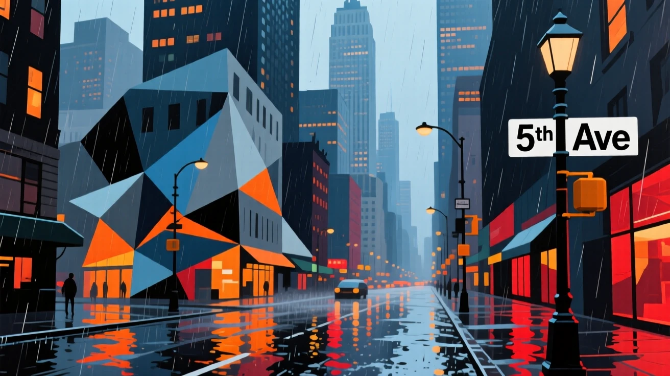A rain-slicked New York street glowing with the reflections of towering skyscrapers.