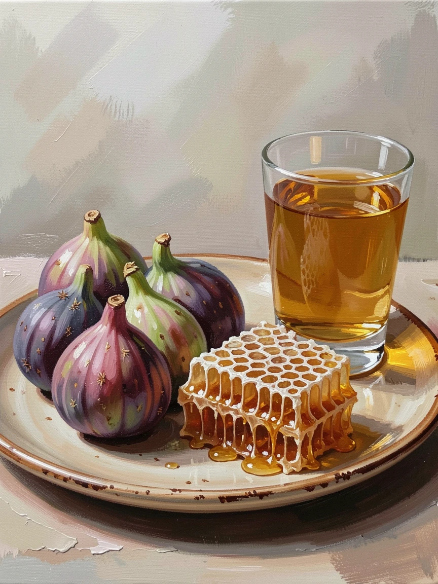 A cluster of fresh figs and a wedge of honeycomb rest on a rustic ceramic plate beside a glass of golden mead, everything rendered with quiet clarity under the steady, natural light of the hour.