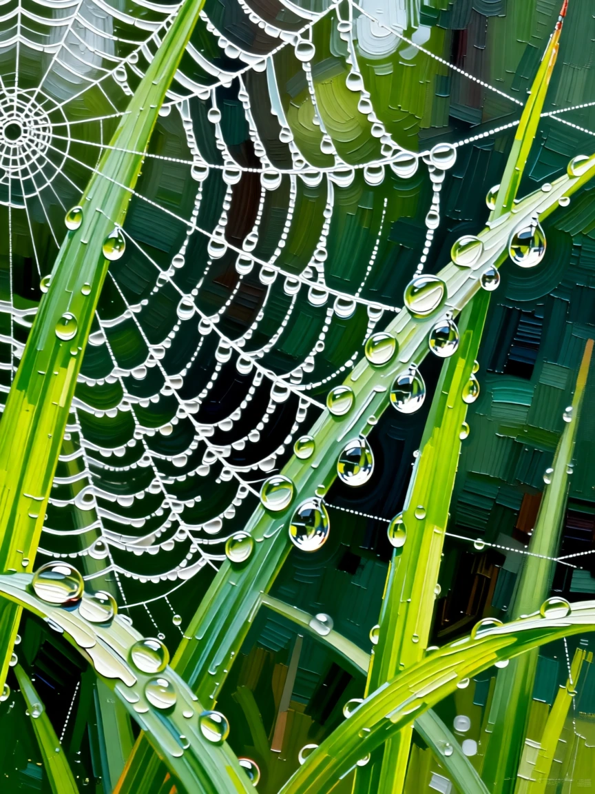 A macro shot of raindrops clinging to a spiderweb strung between blades of grass