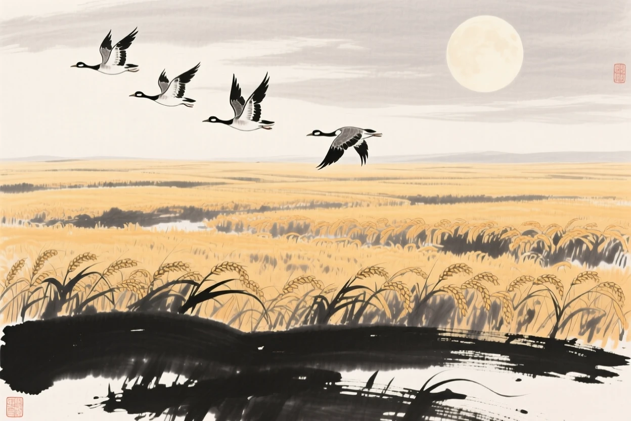 Wild geese fly south above fields turning golden with the harvest, as the harvest moon begins to rise over the fields.