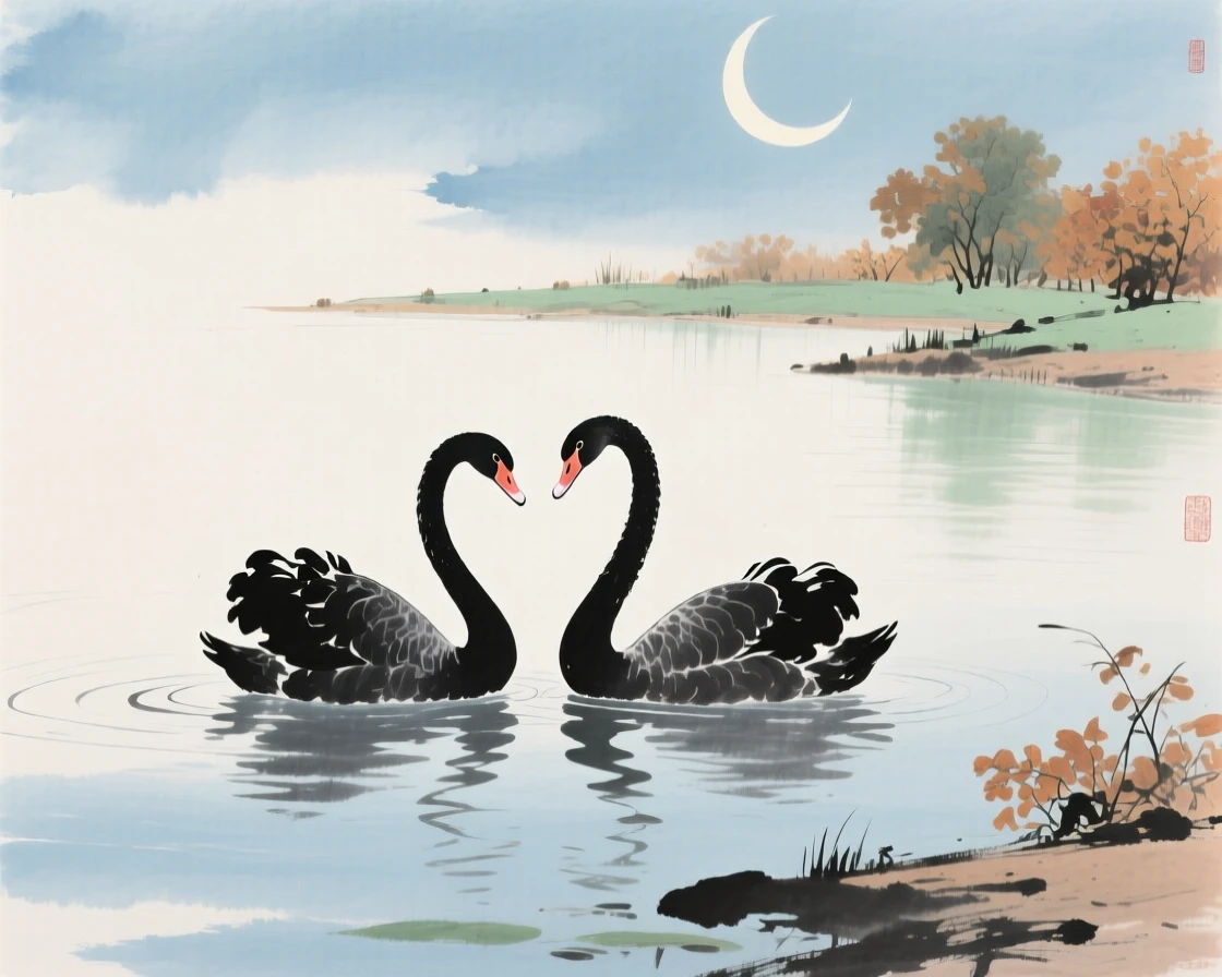 A pair of swans gliding side by side across a quiet lake, beneath a crescent moon, imbued with timeless calm, at the turn of autumn.