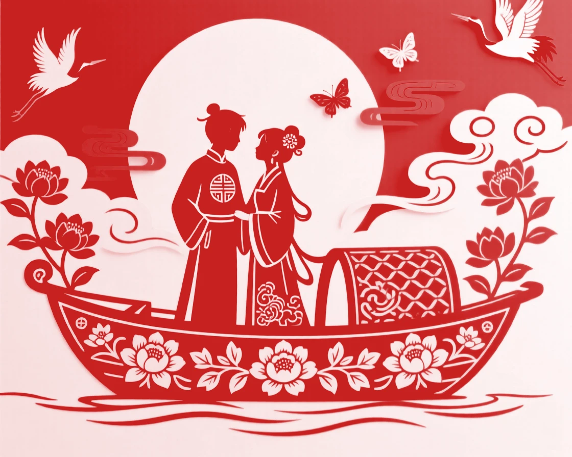 A young couple standing together at the prow of a flower-decked boat, the full moon rising softly behind them.