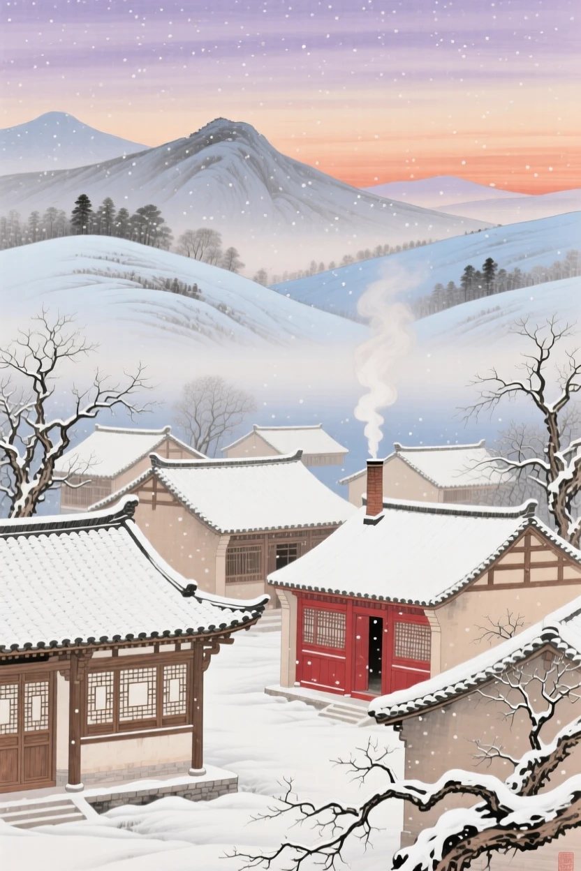 A quiet snowfall settling over a sleeping village at dusk, with distant mountains fading into soft mist