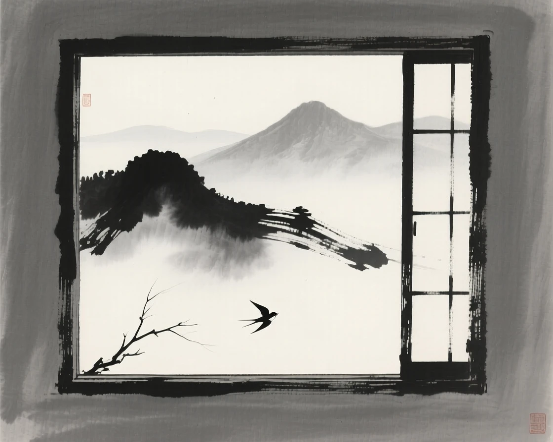A solitary window open to a misty mountain view in a moment of complete stillness, balanced with a single small detail against a quiet backdrop, conveying a poetic sense of calm and reflection.