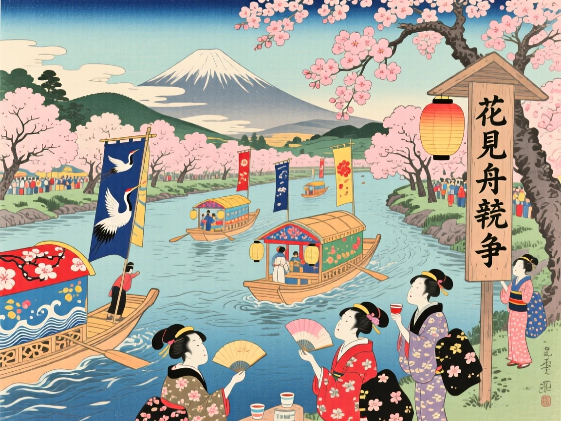 A cherry blossom viewing party racing brightly decorated boats down a river.
