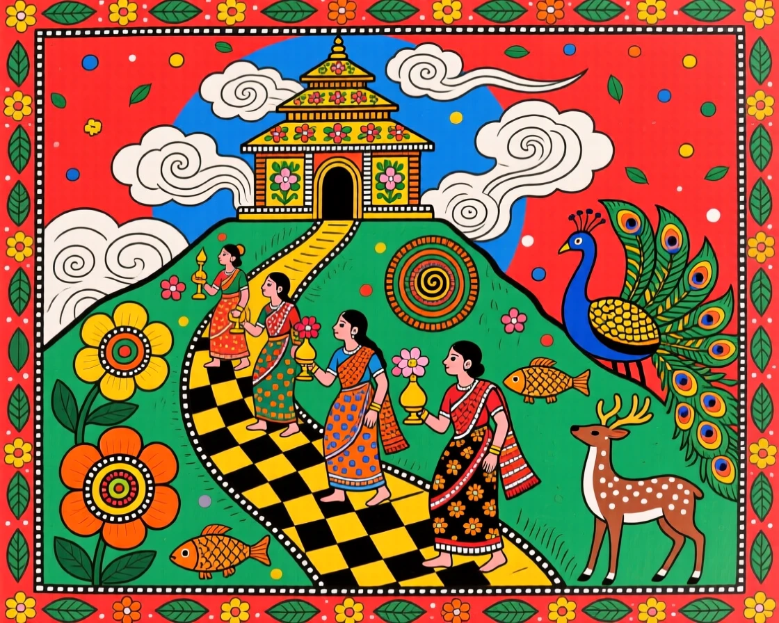 Pilgrims climbing a mountain path toward a temple wrapped in clouds.