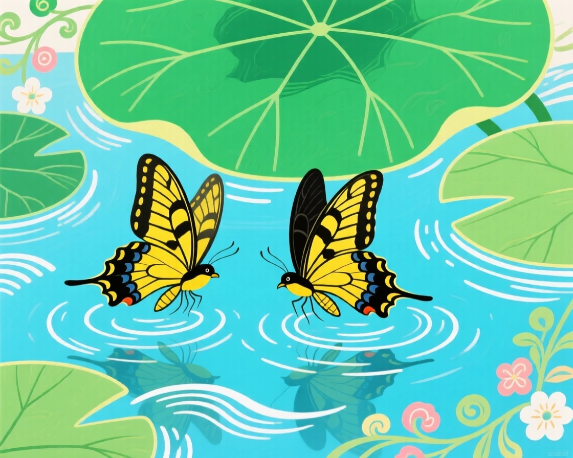 A pair of swallowtail butterflies gliding through clear water beneath lily pads.