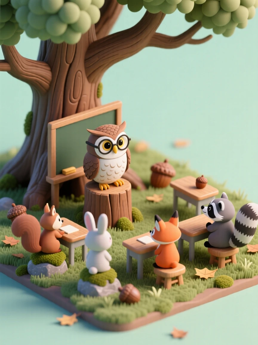 A wise old owl teaching a class of young forest creatures beneath a great oak tree, acorns serving as desks.