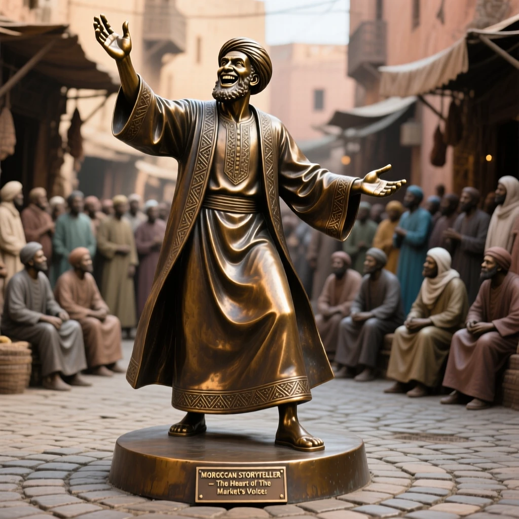 A moroccan storyteller captivating a market crowd, with powerful, expressive body language, forming a strong central focal point