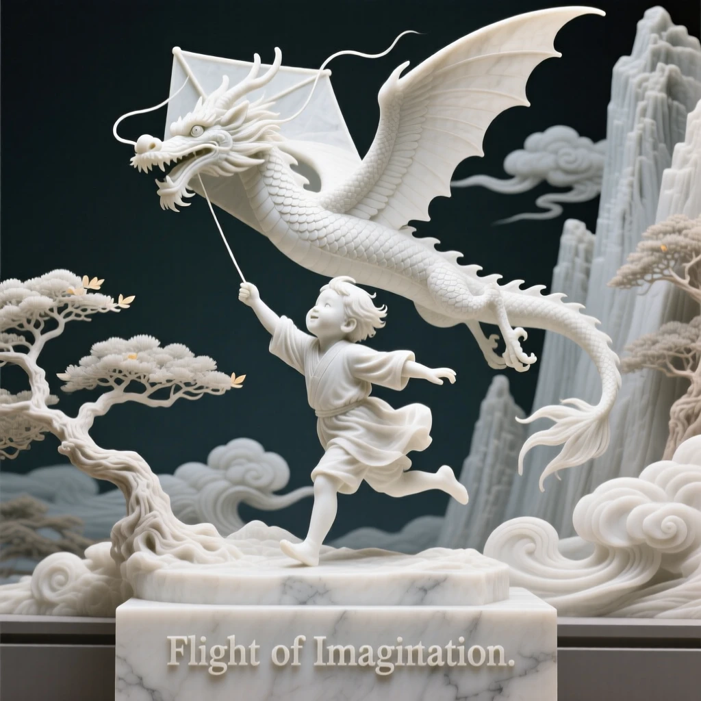 A beautifully composed image of a child flying a kite shaped like a dragon, framed by dramatic natural scenery, full of atmosphere and visual storytelling