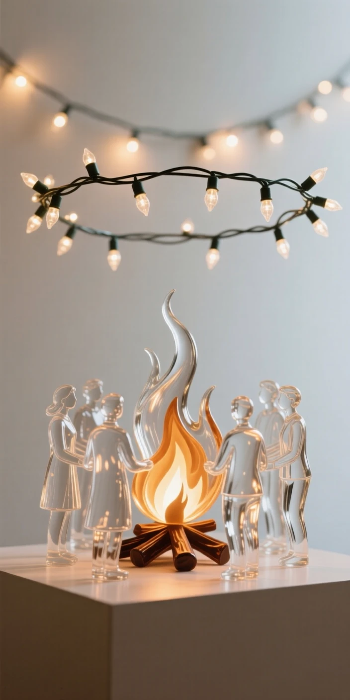 Beneath strings of twinkling holiday lights, a bonfire surrounded by friends on a cool autumn night