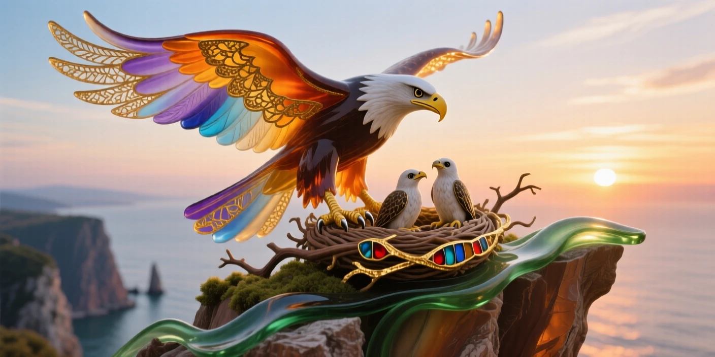 A mother eagle and eaglets nesting atop a windswept cliff at sunrise, tender and majestic.