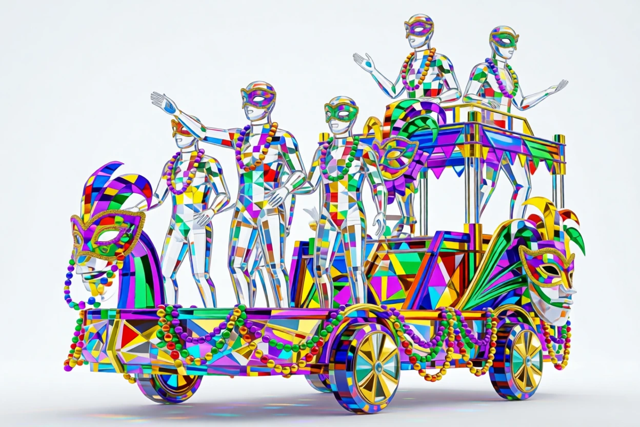 A festive Mardi Gras parade with vibrant beads, masks, and colorful floats.