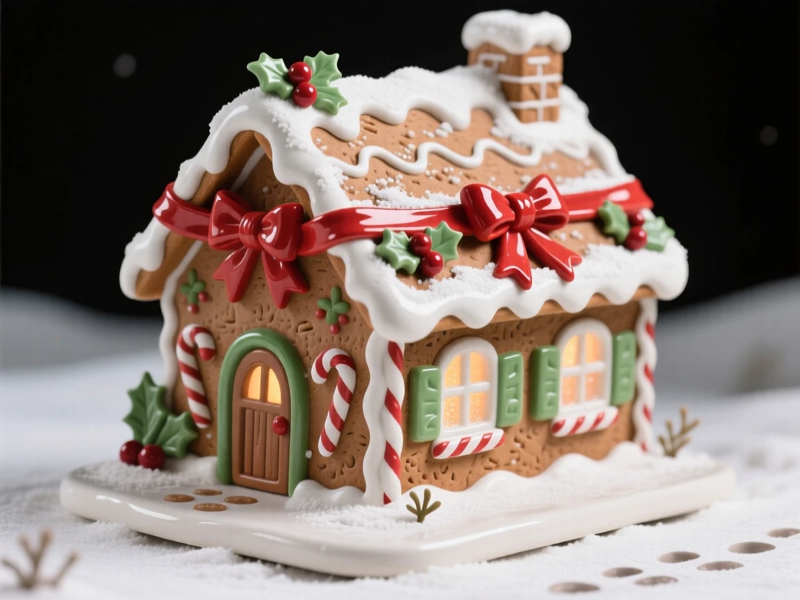 A gingerbread house dusted with powdered snow displayed as a heartwarming holiday accent, wrapped in ribbons and festive trimmings, capturing the magic of a beloved seasonal moment.