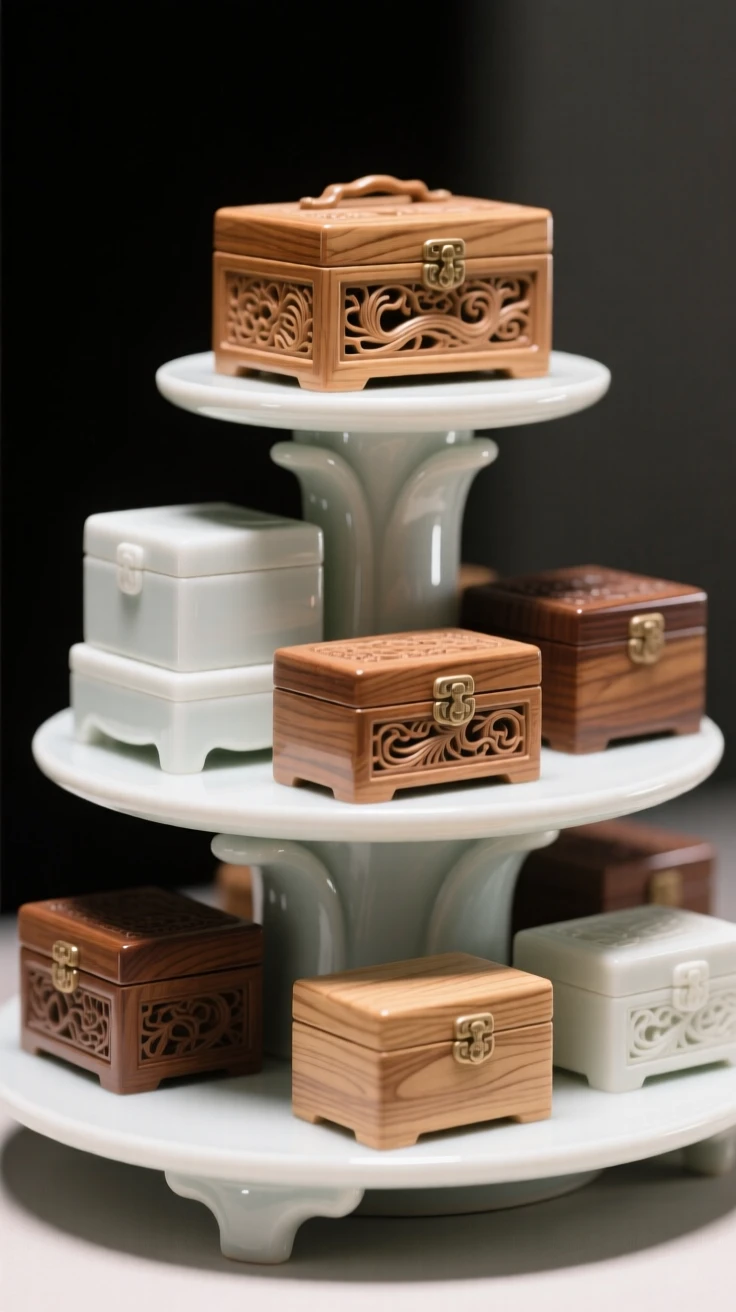 A collection of carved wooden boxes arranged on tiered display stands, each piece catching the light differently.