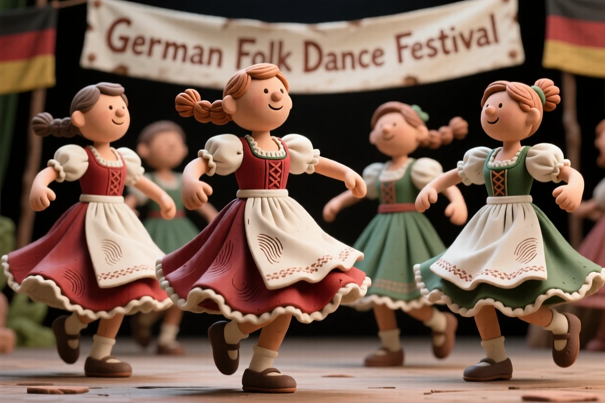 A group of dancers twirling in traditional German dirndl dresses